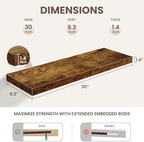 30 Inch Floating Shelves,9.3" Deep Floating Shelf Wall Mounted,30 Inch Wall Book Shelves for Home Decor,Large Long Deep 