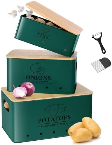 Kitchen Vegetable Storage Set of 3, Metal Onion Garlic Potato Storage Set, Kitchen Canisters Vegetable Keeper Containers