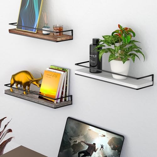 Meangood Floating Shelves Wall Mounted Set of 2, Wall Shelf with Towel Bar Rustic Wood Wall Storage Shelves for Bedroom,