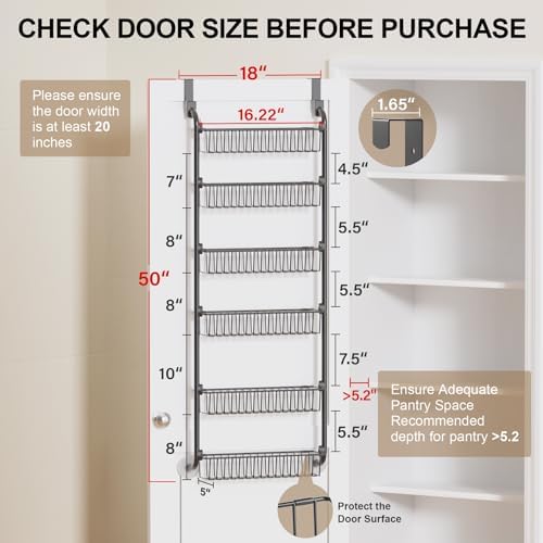 Delamu Over the Door Pantry Organizer, 6-Tier Metal Pantry Door Organization and Storage, Hanging Kitchen Basket Spice R