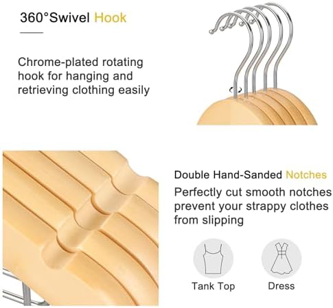TOPIA HANGER Wooden Hangers with Adjustable Metal Clips and 360° Swivel Hook, Premium Wood Clothes Hangers 10 Pack for Suit, Pant, Skirt, Jeans, Coat, Jacket-CT28N