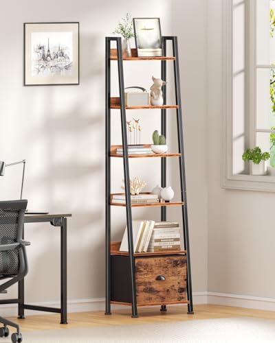 Furologee 6 Tier Ladder Shelf, Tall Ladder Bookshelf with Fabric Drawer