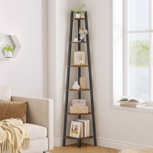 Hoctieon Corner Shelf, 6-Tier Corner Bookshelf, Rustic Ladder Shelf, Industrial Display Stand for Living Room, Kitchen, 