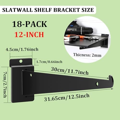 18 Pack Slat Wall Shelf Brackets with Lip, 12" Slatwall Shelf Bracket