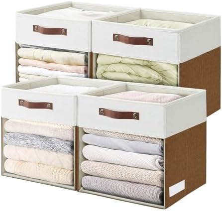 Bagnizer Storage Cubes, 4 Pack Linen Foldable Storage Bins (13 x 13 inch) with Clear Window and Handles, Fabric Organizer for Shelf Closet, Clothes, Books - (Brown and White)