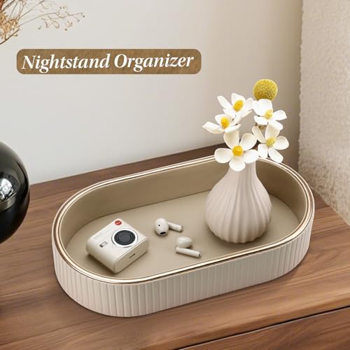 GORESE PU Leather Perfume Tray Nightstand Organizer, Small Oval Desk Tray Jewelry Trinket Trays Valet Organizer Key Bowl