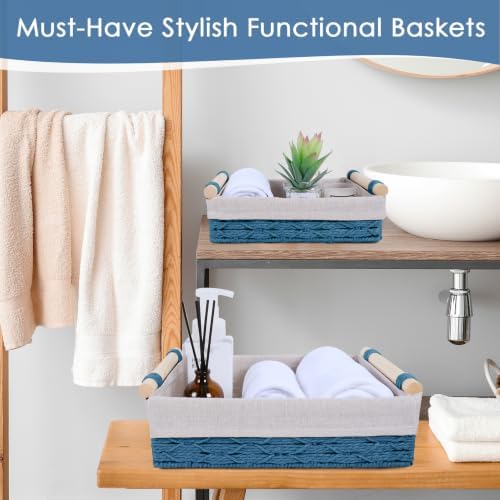 Wicker Storage Basket with Wooden Handle 2 Pack–Paper Rope Decorative Toilet Paper Baskets & Bathroom Organizer for Toil