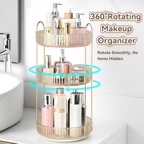 360° Rotating Makeup Organizer for Vanity, 3 Tier Perfume Organizers, Gold