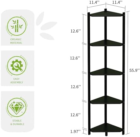 Wisuce Bamboo Tall Corner Shelf Stand, 5-Tier Black Corner Bookshelf