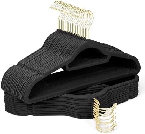 Velvet Hangers 30 Pack with Gold Hooks, Non-Slip Felt Clothes Hangers Black