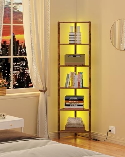 TUTOTAK Corner Shelf with LED Light, 6-Tier Corner Bookshelf