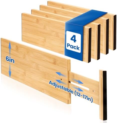 4 Pack 6" Deep Bamboo Drawer Dividers, 12-17" Expandable Kitchen Organizers