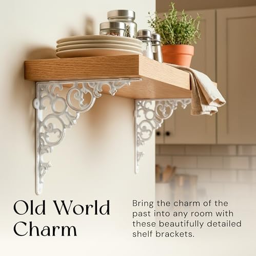 NACH Metal Shelf Brackets, Small Shelf Brackets for Wood Shelves Set of 4, Antique White Cast Iron Wall Shelf Support, V