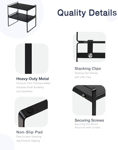 Nxconsu Stackable Cabinet Shelf Organizer 2 Pack, Wide Black
