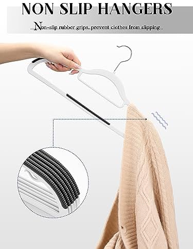 HOUSE DAY Plastic Hangers 50 Pack, Plastic Clothes Hangers Non Slip with Rubber Grip, Heavy Duty Coat Hanger with 360º Swivel Hook, Ultra Thin Hanger Space Saving Closet Organizer - White and Black