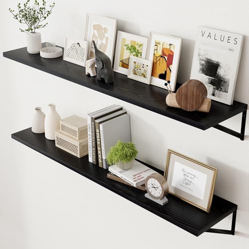Axeman Floating Shelves for Wall Black- 55 Inch Wide x 12 Inch Deep Wall Shelves Set of 2 - Black Deep Wood Floating She