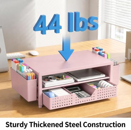 ECOLOVI Desk Organizer and Accessories, 2-Tier Computer Monitor Stand Rise with Storage Drawer & 2 Pen Holders, Laptop &