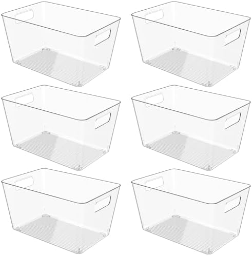 6 Pack Clear Plastic Storage Bins, 11" Large Pantry Organizer Bins with Handles, Plastic Containers for Refrigerator,BPA
