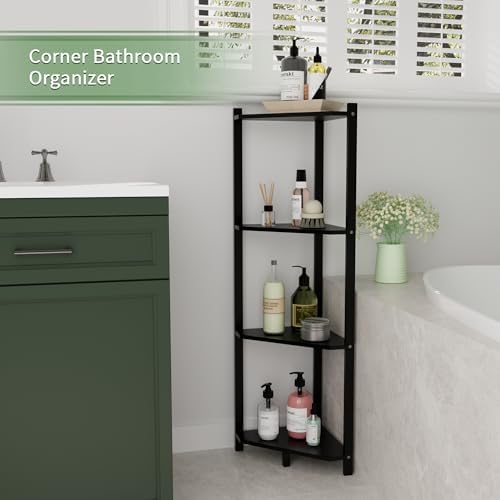 Wisuce Bamboo Small Corner Shelf Stand, 4-Tier Black Corner Bookshelf