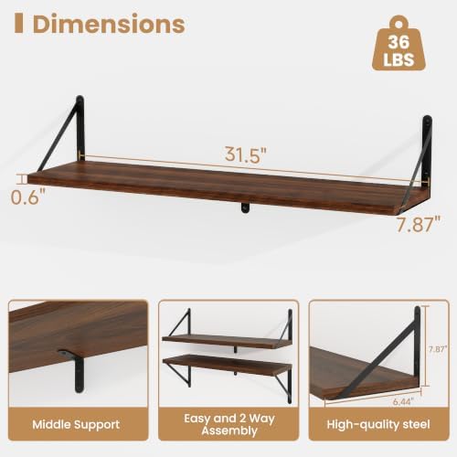 Heimlove Floating Book Shelves for Wall,31.5Inches Long Wall Mounted Bookshelves,Heavy Duty Bracket Shelves for Living R
