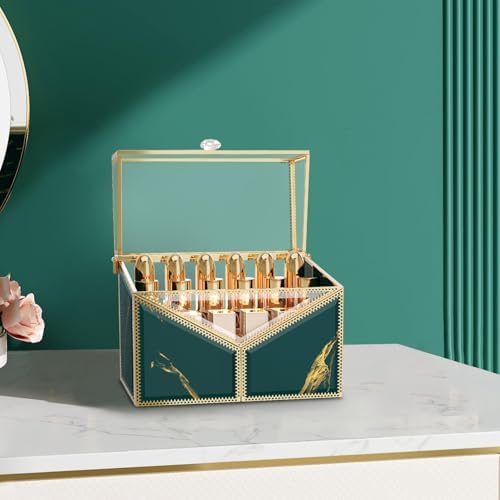 CoralHouse Glass Lipstick Organizer with Lid, 18-Slot Vanity Holder, Green