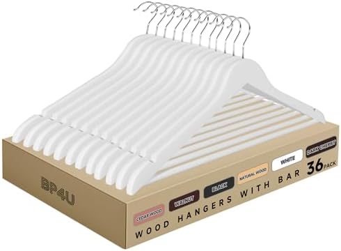 Wooden Clothes Hangers with Pants Bars, White, 36-Pack