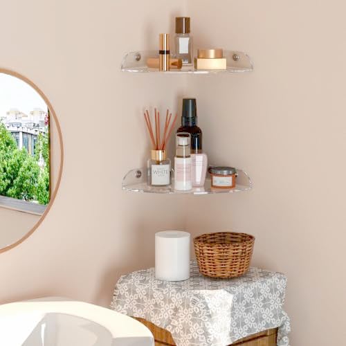 Sezanrpt 7x7 Inch Corner Shelf Wall Mount Set of 2, Acrylic Corner Floating Shelves, Clear Corner Wall Organizer Shelf f