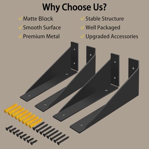 BRATA 8 Inch Shelf Brackets, Black, 4 Pack, Wall Shelving Brackets