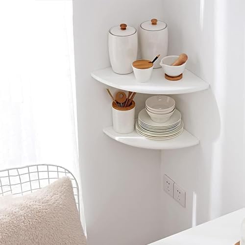 Corner Shelves, Floating Corner Shelf, Set of 2 White Solid Oak Wood Wall Shelves, Round End Wall Mount with Wire Hole S