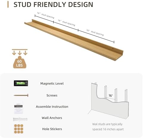 Acovy Picture Ledge Shelf, Wood Long Floating, Set of 2, 56 inch, Oak