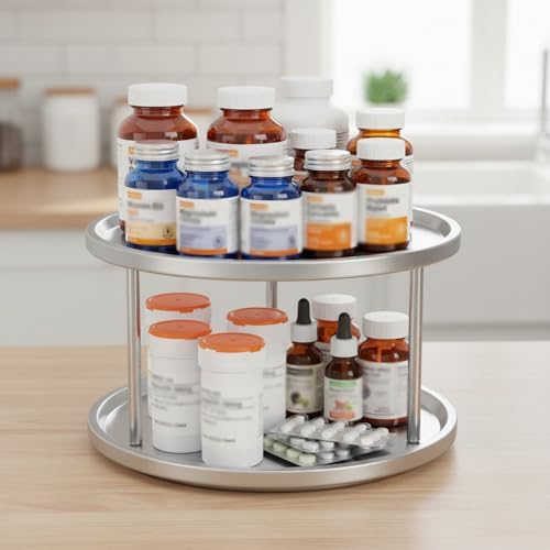 Lazy Susan 2-Tier Stainless Steel Turntable Organizer for Medicine, Vitamin and Pill Bottle Organizer 360° Rotating Tray