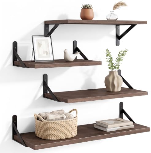 YGEOMER 4 Different Sizes Floating Shelves for Wall Home Decor, Walnut