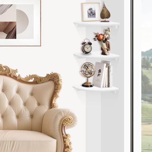 Lamapggio Corner Floating Shelves with Double Support Brackets, 3 Pack Wood Wall Mount Round Display Shelf for Bedroom, 