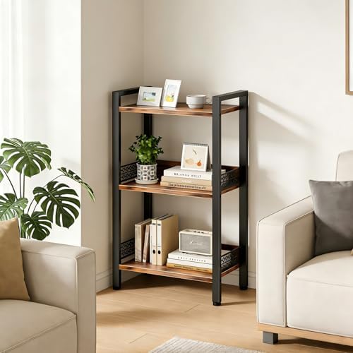 3-Tier Book Shelf, Bookcase with a Back Panel, Storage Shelves for Bedroom, Living Room & Home Storage (Brown Black)