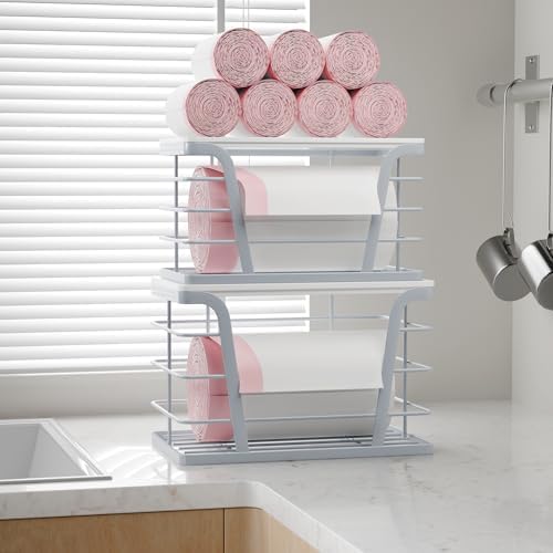 TIDIIABODE 2 Pack Gray Trash Bag Organizer for Kitchen and Pantry, Upgraded Stackable Metal Garbage Bag Holder with Bamb
