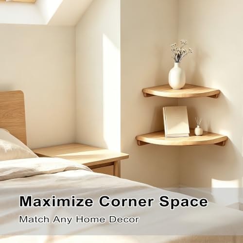 Floating Corner Shelves, 2 Pack Solid Wood Round End Wall Mount