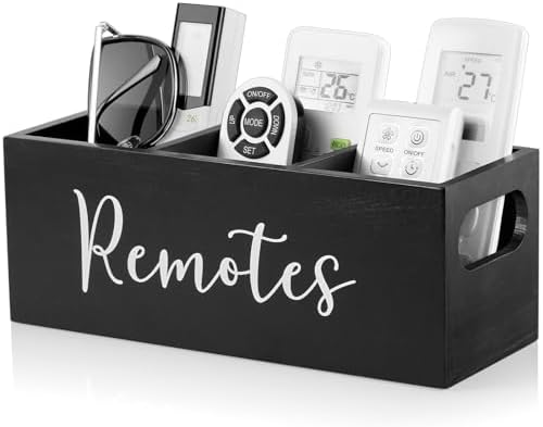 DRASTAR Remote Control Holder, Wood TV Remote Holder, Remote Storage Caddy, Remote Control Organizer (Black, 3 Slots)