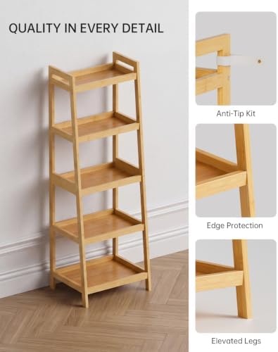 SMIBUY Bamboo Ladder Bookcase, Bathroom Storage Rack Organizer, 4 Tier and 5 Tier Freestanding Plant Display Stand Space