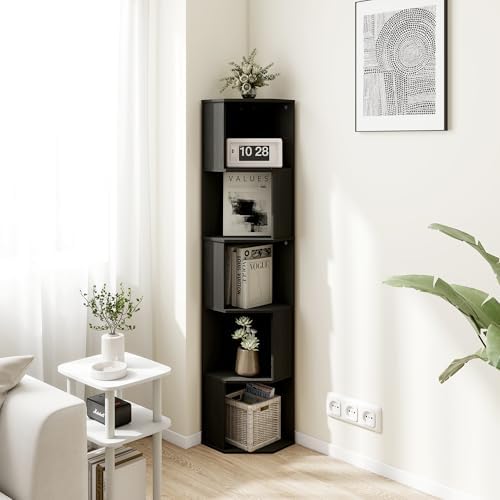 5 Tier Black Skinny Corner Display Shelf Unit, Wooden Bookshelf Corner Storage Shelves with 5 Cubes, Wood Skinny Small B