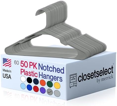 Closetselect Plastic Hangers 50 Pack - Space Saving Clothes Hangers, Made in USA, Durable & Strong Plastic Shirt & Coat Hanger with Notches & Shoulder Grooves, Non-Slip Clothing Hangers | Silver Hail