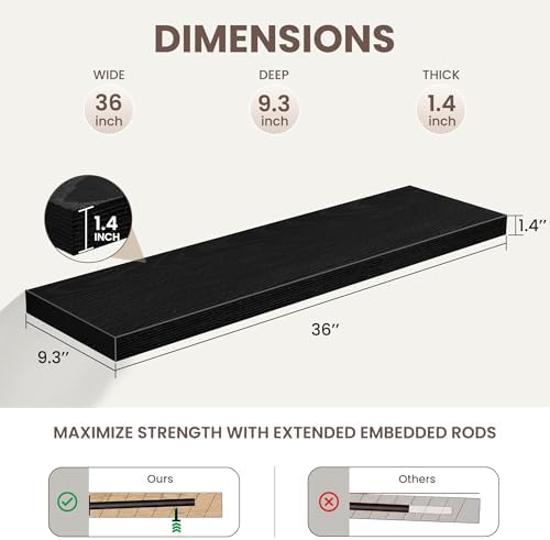 36 Inch Black Floating Shelves for Wall,9.3" Deep Long Floating Shelf Set of 2,Wood Wall Mounted Shelves Farmhouse Home 