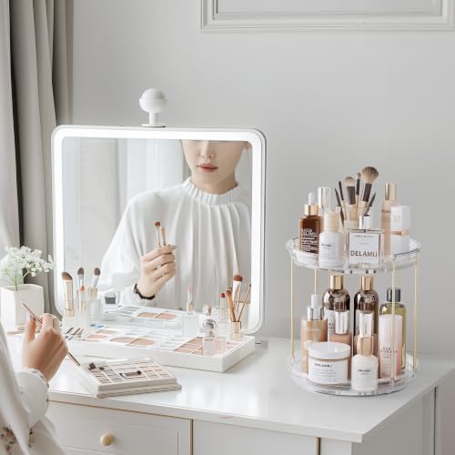 Delamu Rotating Makeup Organizer for Vanity, 2 Tier Bathroom Counter Organizer with Stackable Design, Spinning Skincare 