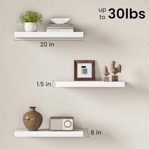 20" Floating Shelves for Wall, Set of 3, 8" Deep, 1.5" Thick, White
