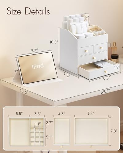 VLANDO Makeup Organizer Countertop with 4 Drawers,White