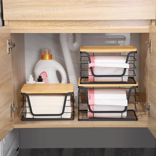 ALOCEO 3 Pack Stackable Storage Bins with Lids, Stainless Steel Trash Bag Dispenser Roll Holder for for Kitchen Sink, La