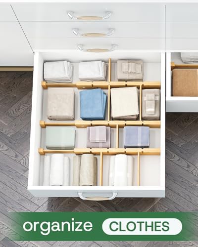kiplant Bamboo Drawer Dividers - Adjustable Drawer Dividers for Kitchen, Clothes, Closet & Office - 8 Pack with Inserts, 13.8-18.8 Inches, Non-Slip Silicone Ends
