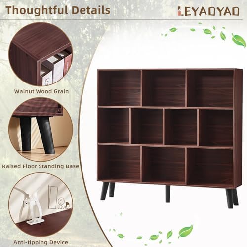 LEYAOYAO 10 Cube Bookshelf, Mid-Century Modern Book Shelf with Legs, Walnut