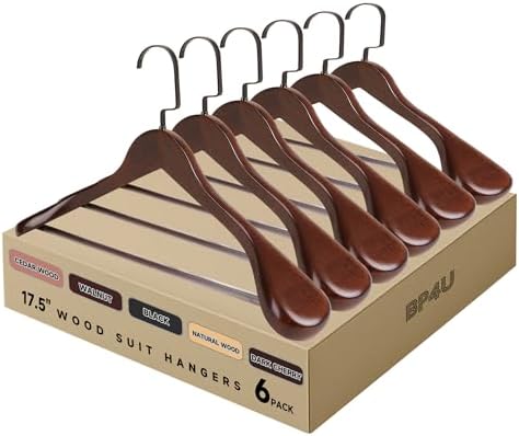 Wooden Suit Hangers with Non Slip Pants Bar, Walnut, 6-Pack, 17.5"