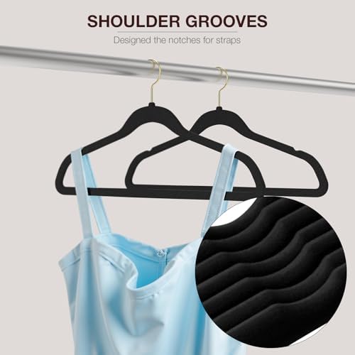 Korpai 50 Pack Black Velvet Hangers,Felt Hangers with Gold 360°Swivel Hook,Coat Hanger Non Slip,Heavy-Duty,Space Saving,Slim Clothes Hangers for Pants,Outfit,Skirts,Suits,Coats,Dresses ect.