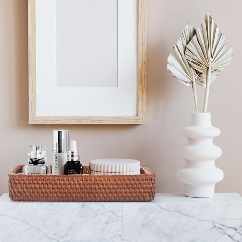 Rattan Bathroom Vanity Trays Toilet Tank Baskets Long Narrow Hand Towel Storage Basket for Storage, Decorative (Honey Br